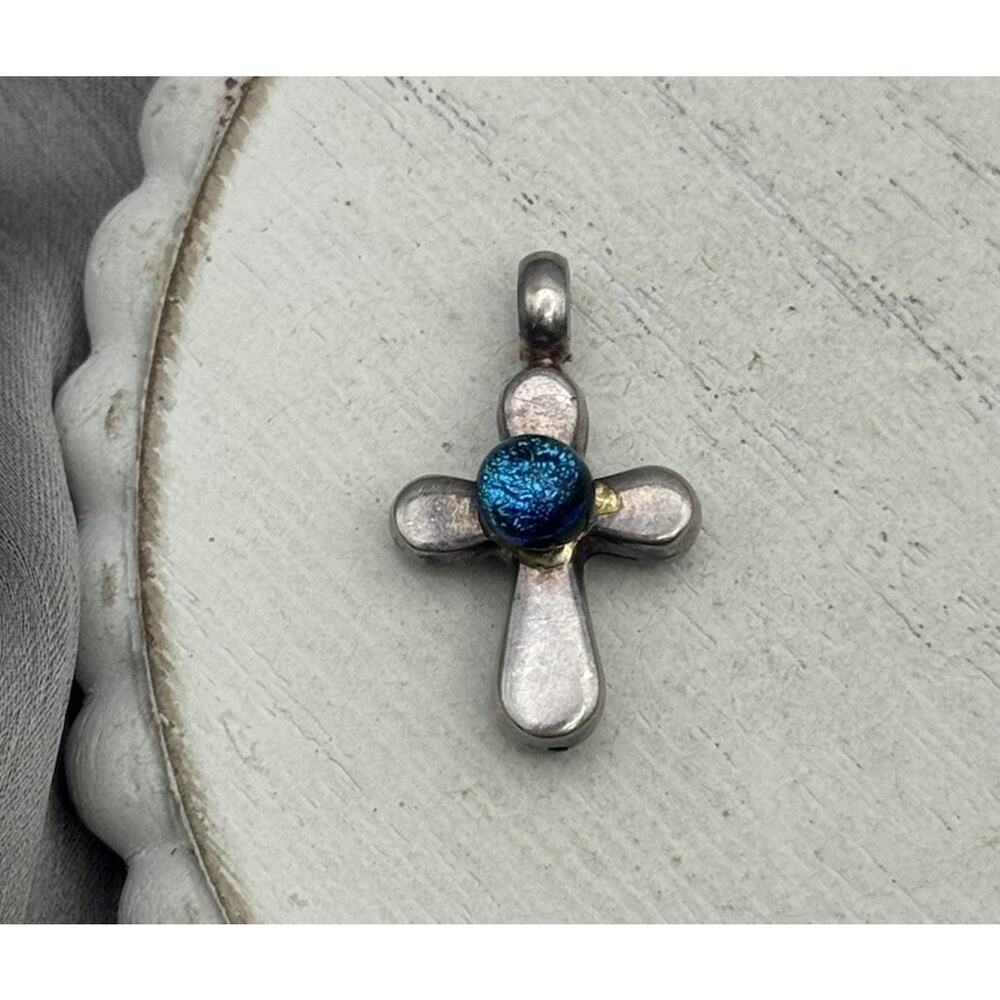 Han Sterling Silver 925 Blue Glitter Epoxy Cross Pendant 1.60G / 1in